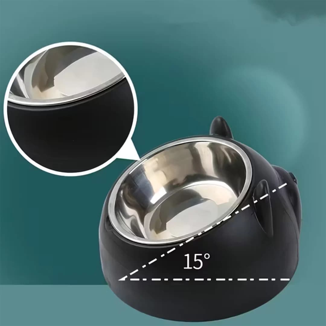Ergonomická zvýšená miska 2v1 pro kočky. Nerezová ocel, stojánek s oušky, ochrana krku, vhodná na jídlo i vodu. Barva černá.