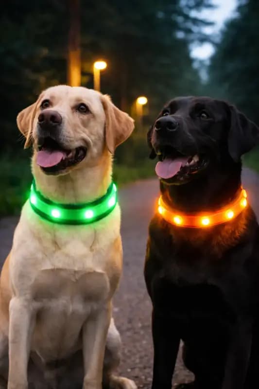 led obojek pro psa ve tmě – dva psi s LED obojky při večerní procházce