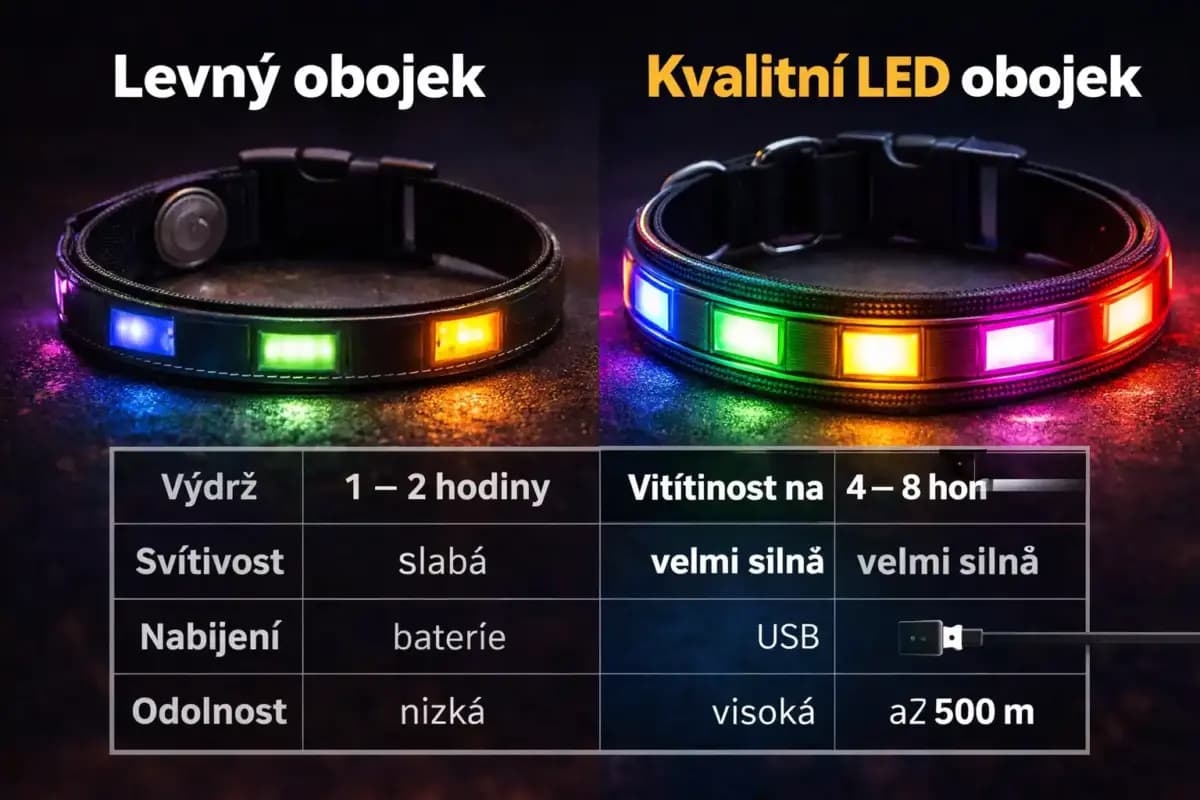levný vs kvalitní LED obojek pro psa srovnání svítivosti a výdrže