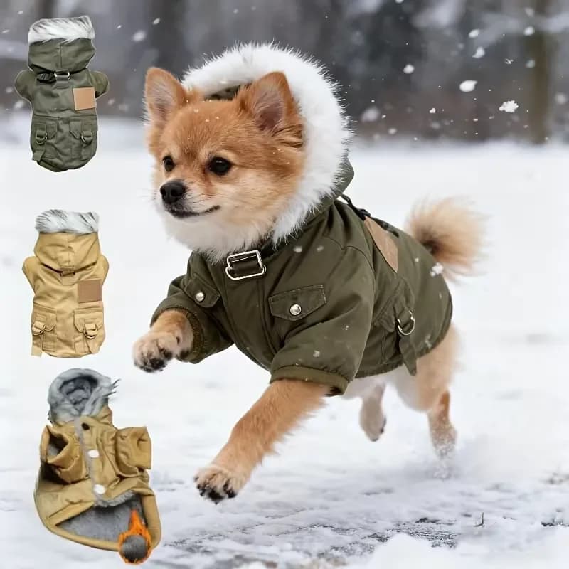 Zateplená zimní bunda pro psy s kapucí a kapsami